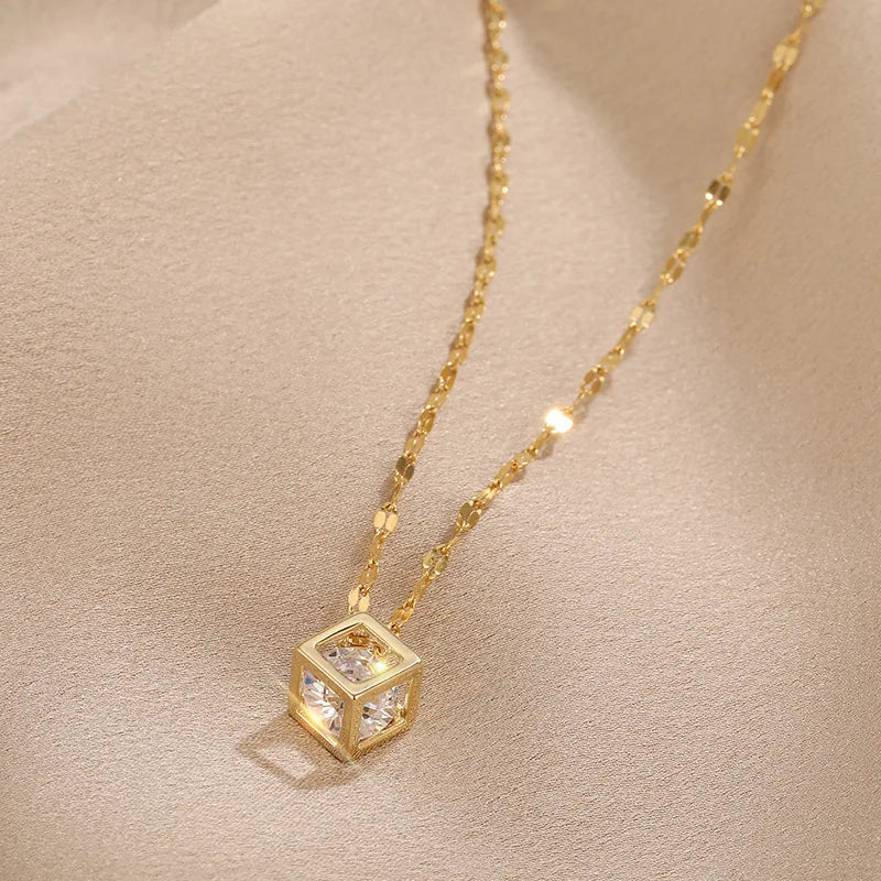 Zircão quadrado cristal pingente e colar, no aço inoxidável, corrente de clavícula, moda coreana.