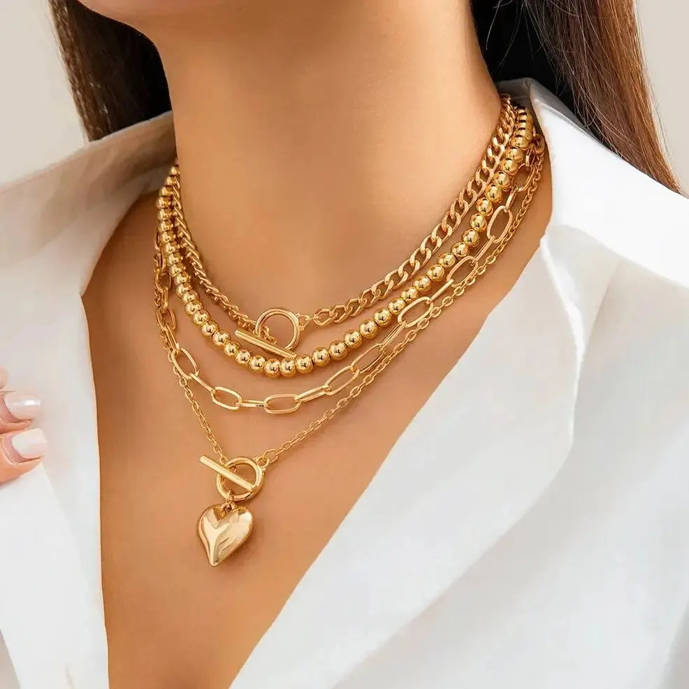 Punk Gold Cor Coração Colar de Pingentes, Fivela OT, Corrente de Pescoço Frisada, Gargantilha Y2K Trendy, 4 peças.