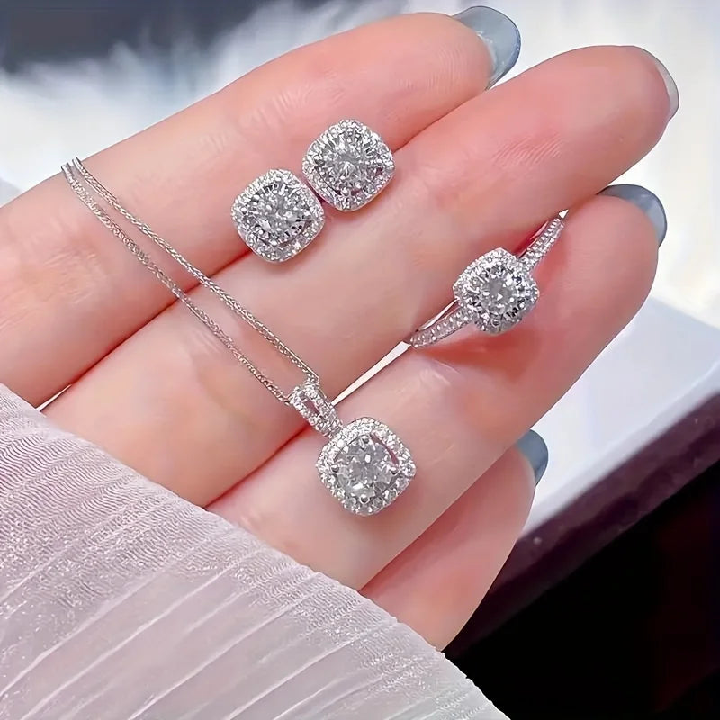 Conjunto de jóias de cubo de luxo, colar elegante feminino, brincos e conjunto de anel.
